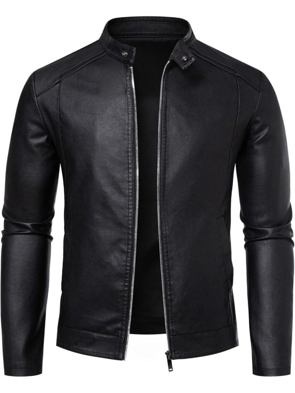 Men’s Black Faux Leather Motorcycle Moto Biker Jacket Stand Collar Coat